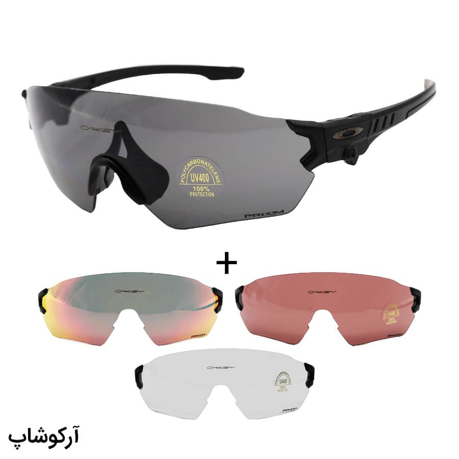 عینک ورزشی اوکلی با فریم مشکی رنگ، 4 کاور لنز قابل تعویض و تجهیزات کامل مدل OO9328-02