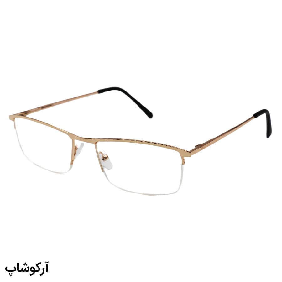 عینک مطالعه نزدیک بین نمره +3.00 نیم فریم، مستطیلی شکل، طلایی رنگ و دسته فنری مدل 1019