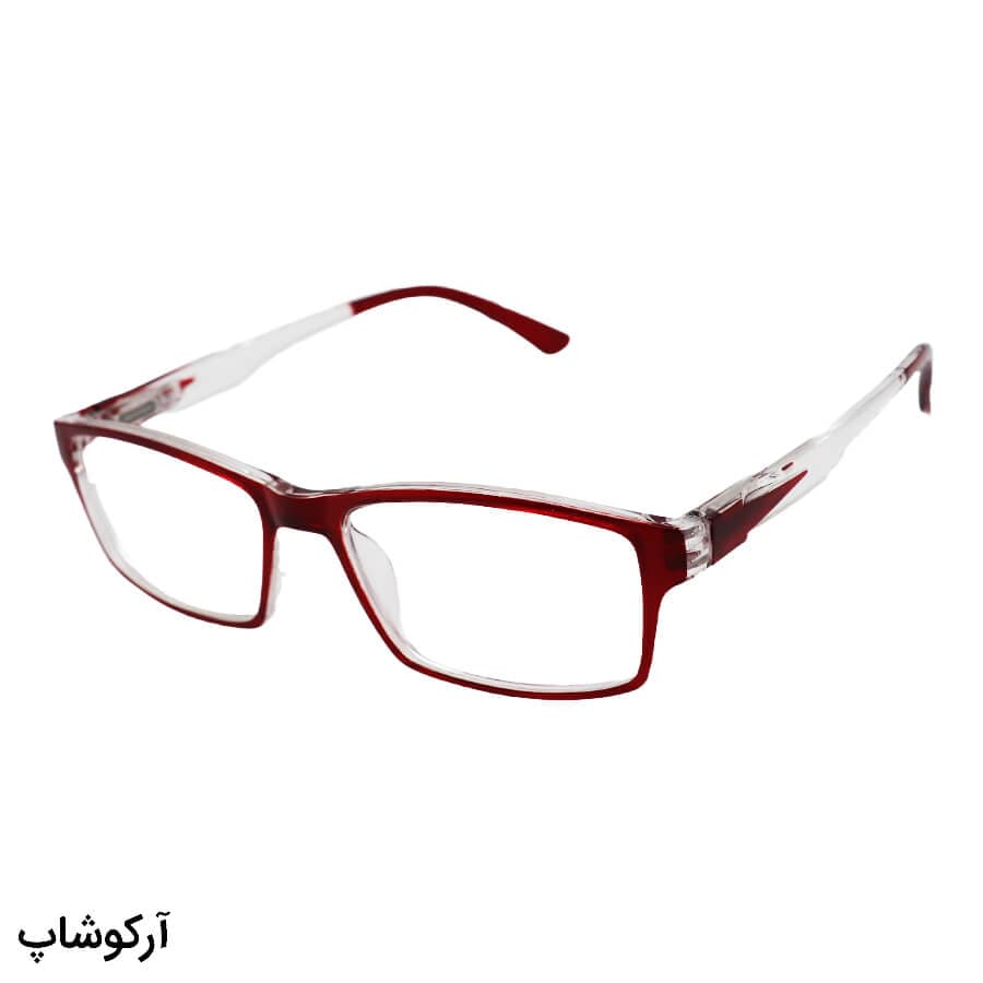 عینک مطالعه نزدیک بین نمره +2.75 با فریم شکل مستطیلی، رنگ قرمز و دسته فنری مدل 18-3