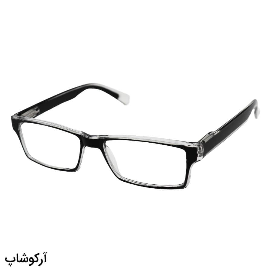 عینک مطالعه نزدیک بین نمره +2.00 با فریم شکل مستطیلی، رنگ مشکی و دسته فنری مدل 2-2