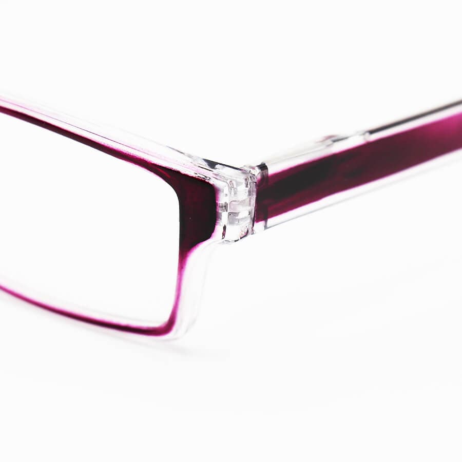عینک مطالعه نزدیک بین نمره +3.00 با فریم شکل مستطیلی، رنگ بنفش و دسته فنری مدل 2-2 — تصویر ۵