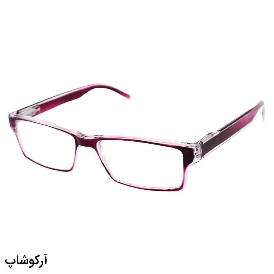 عینک مطالعه نزدیک بین نمره +3.00 با فریم شکل مستطیلی، رنگ بنفش و دسته فنری مدل 2-2