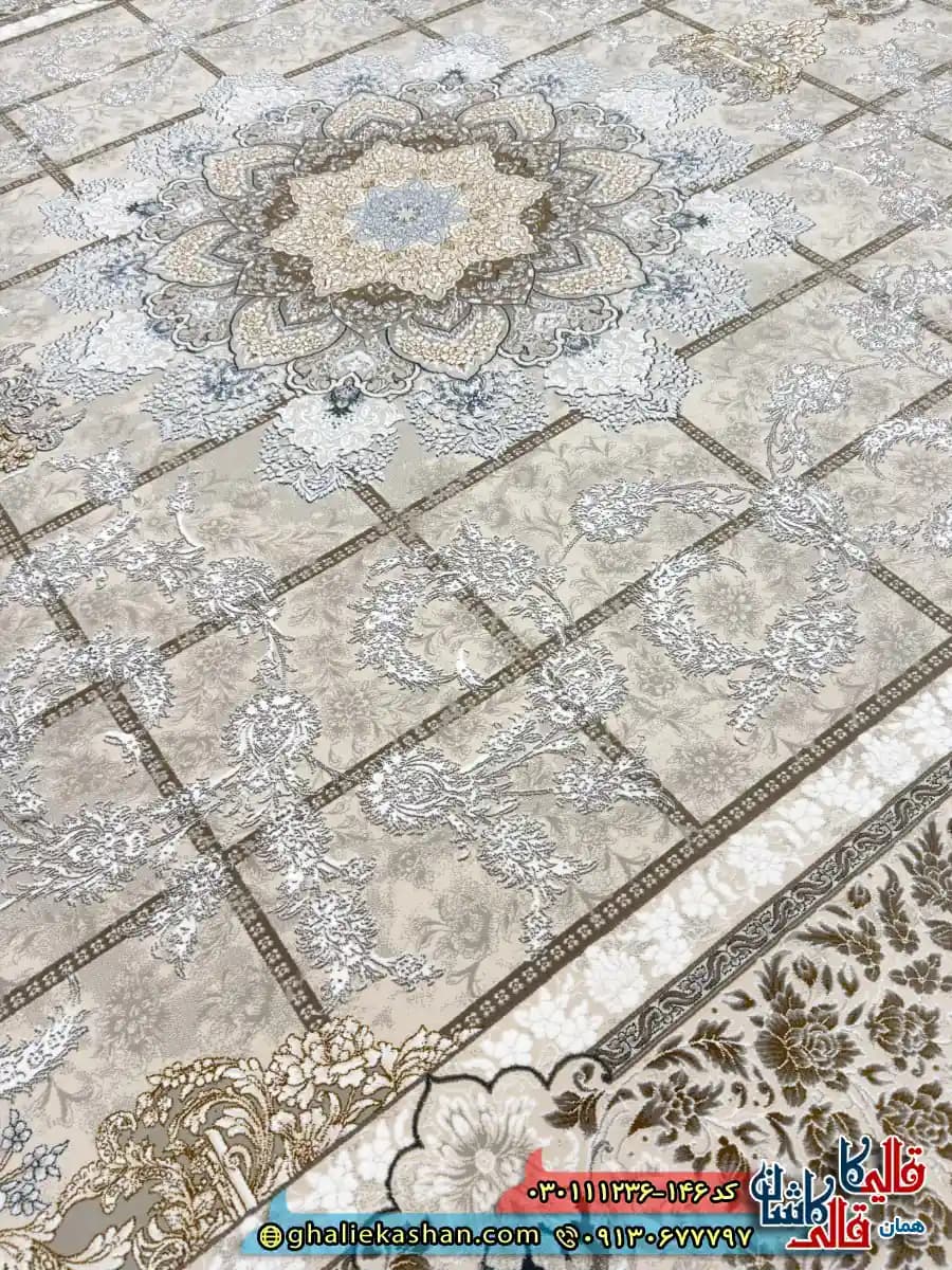 فرش 1200 شانه طرح خشتی رستا رنگ کرم صدفی گل برجسته کاشان — تصویر ۳