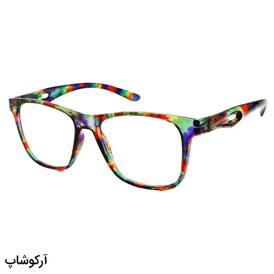 عینک مطالعه نزدیک بین نمره +1.50 با فریم سبز چند رنگ، مربعی شکل و دسته فنری مدل 22-9