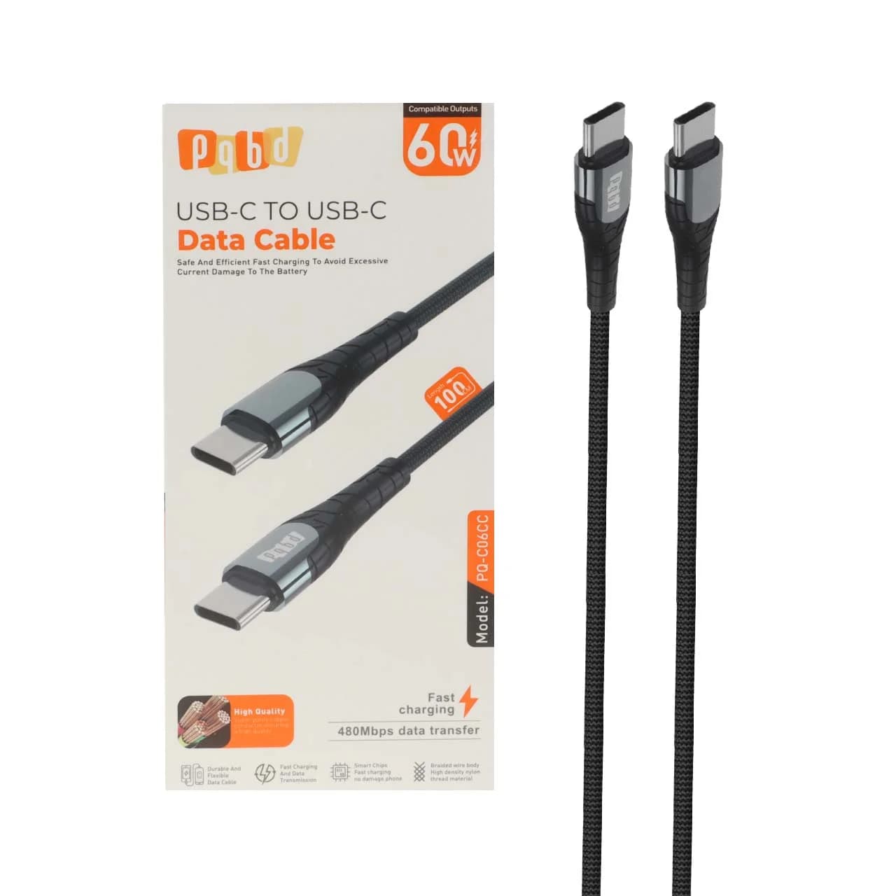 کابل شارژ فست pqbd Type-C To Type-C مدل PQ-C06CC 60W – مشکی — تصویر ۲