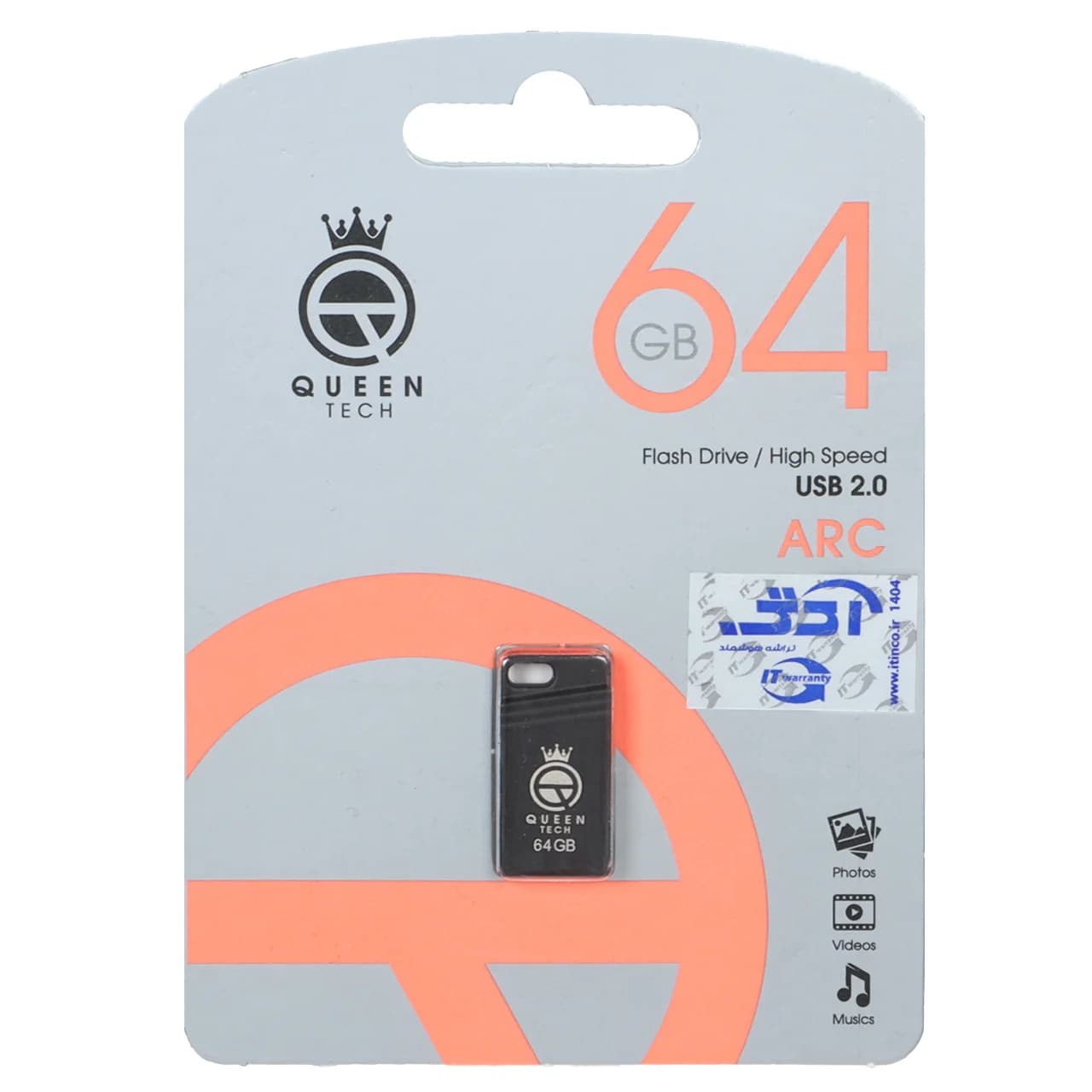 فلش مموری Queen tech USB2.0 مدل Arc ظرفیت 64GB مشکی (گارانتی مادام العمر شرکت آی تین)