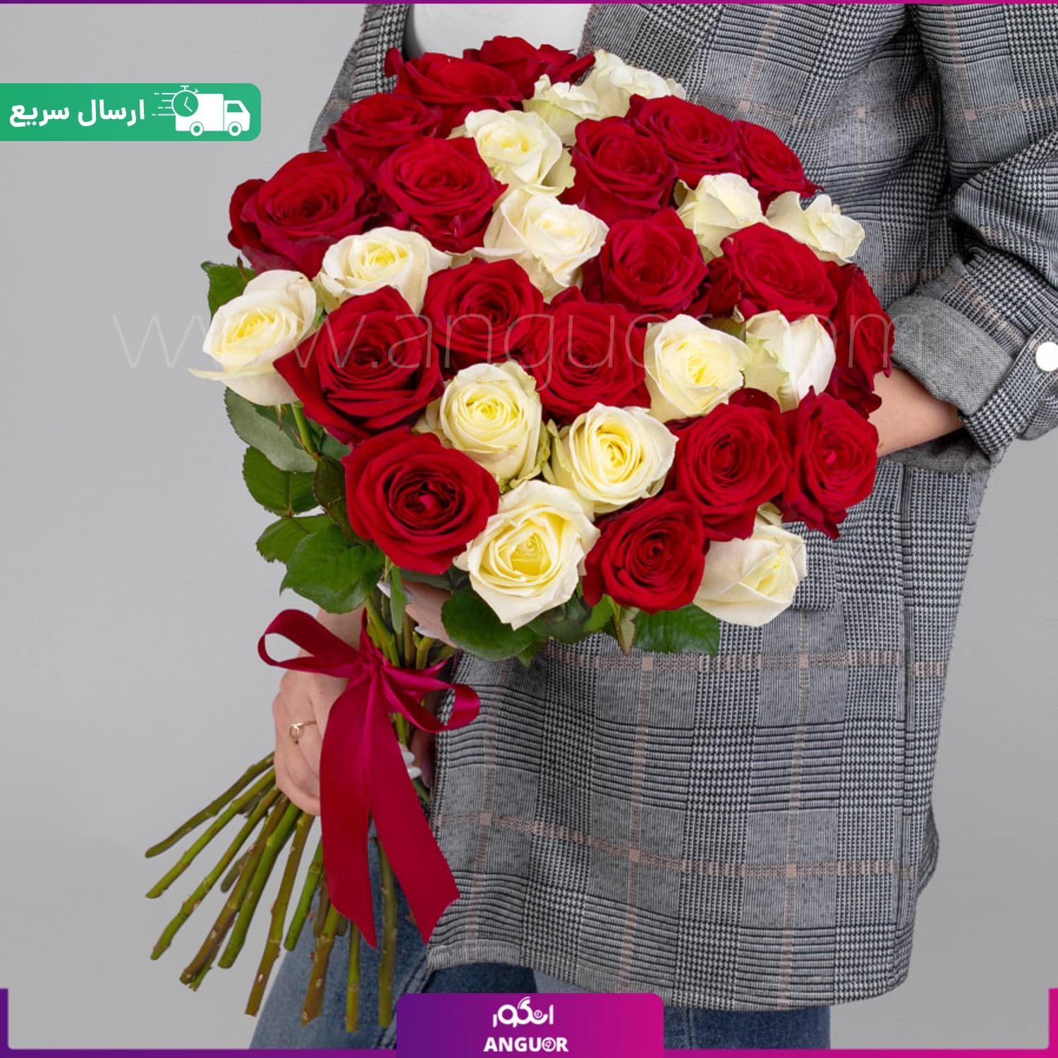 دسته گل رز سفید و قرمز 35 شاخه (رز هلندی)