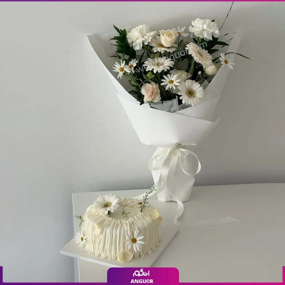دسته گل و کیک مروارید سپید