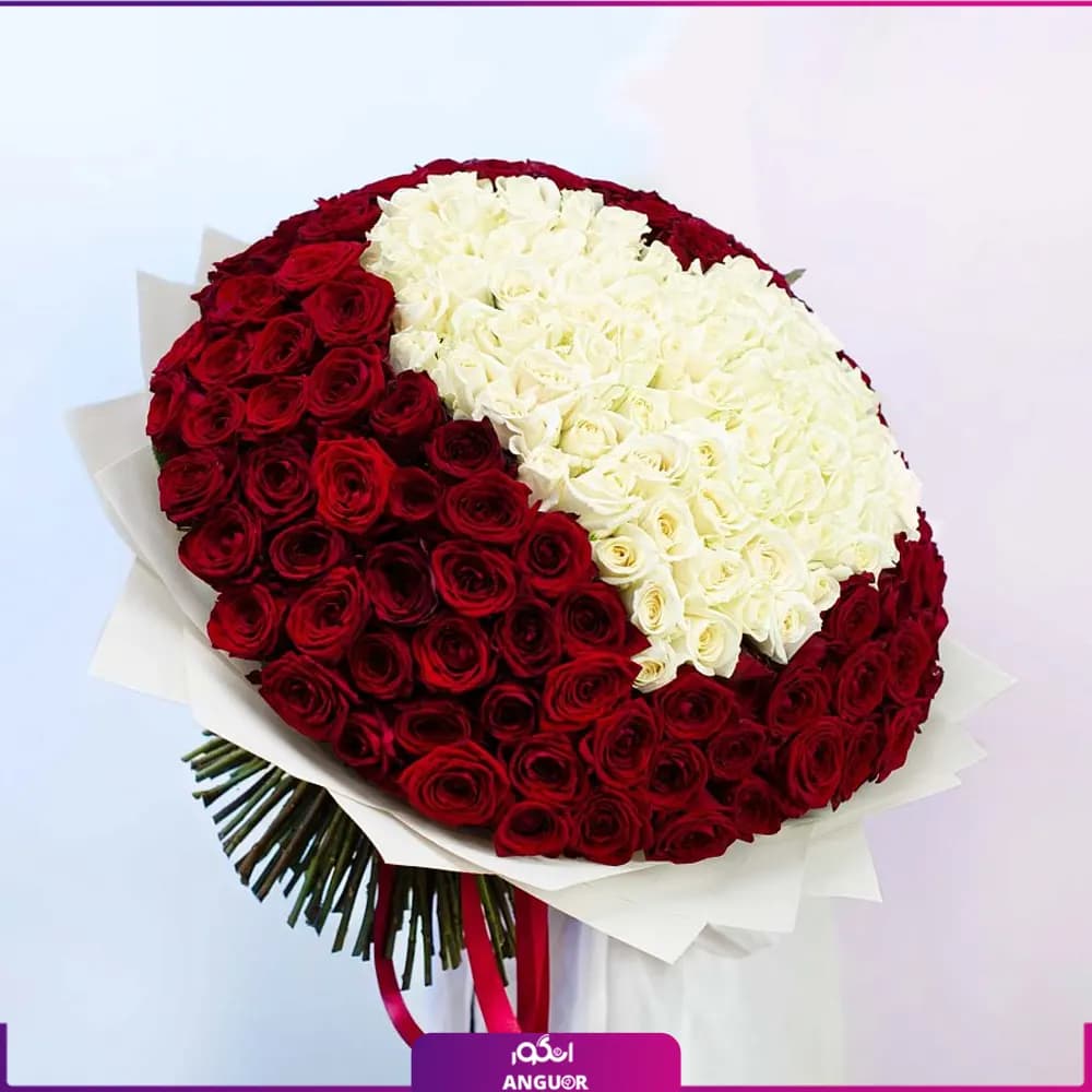 دسته گل رز قرمز و سفید قلبی 201 شاخه — تصویر ۲