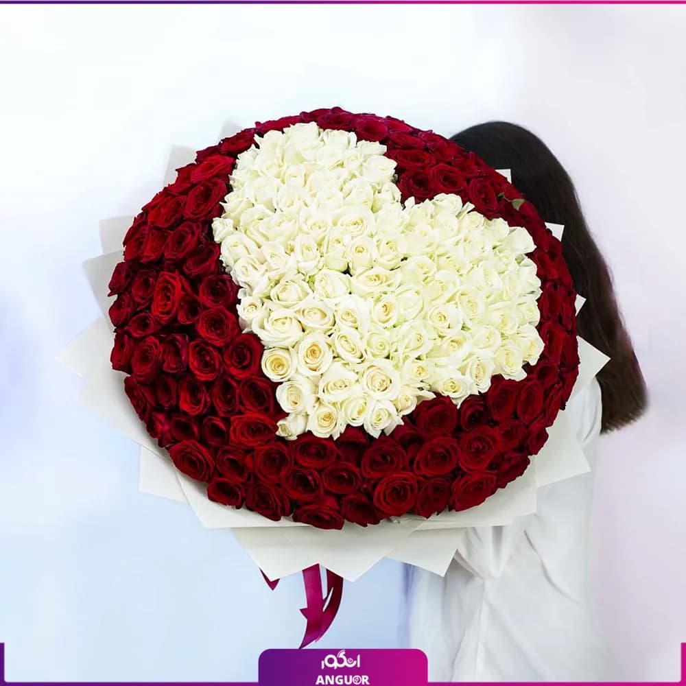 دسته گل رز قرمز و سفید قلبی 201 شاخه