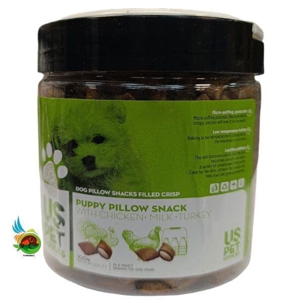 تشویقی بالشی مغز دار توله سگ یو اس پت طعم مرغ، شیر و بوقلمون Uspet with chicken & milk and turkey وزن ۲۰۰ گرم