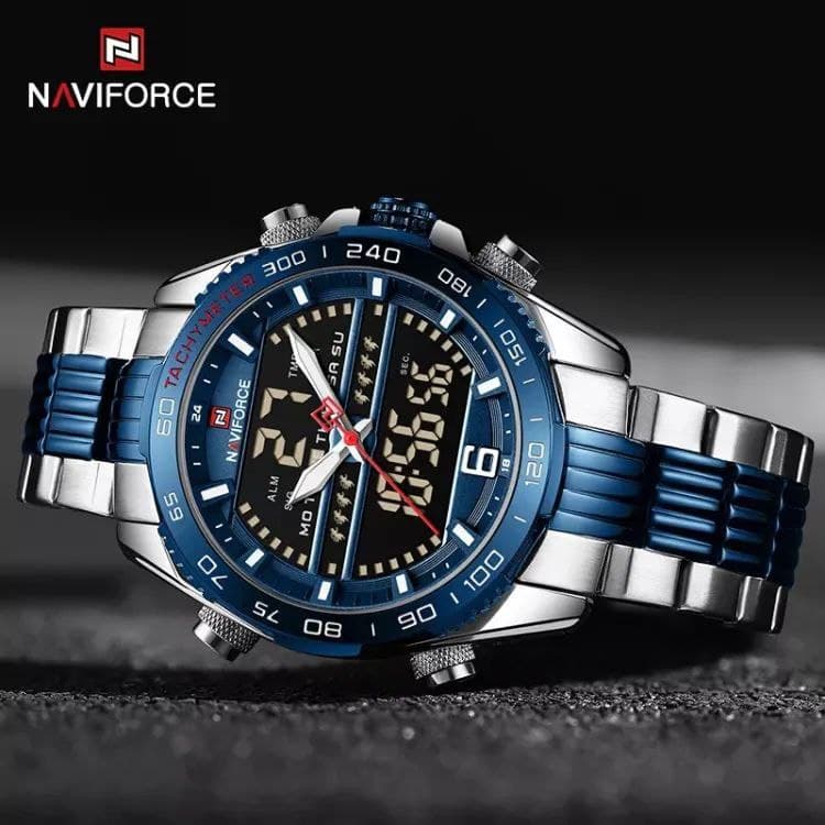 ساعت مردانه فلزی نیوی فورس Naviforce مدل 9195 موتور ژاپن جنس بند استیل با کیفیت ضدآب چراغ دار دو زمانه دارای روز شمار و تقویم ماهانه کد 1920769 — تصویر ۴