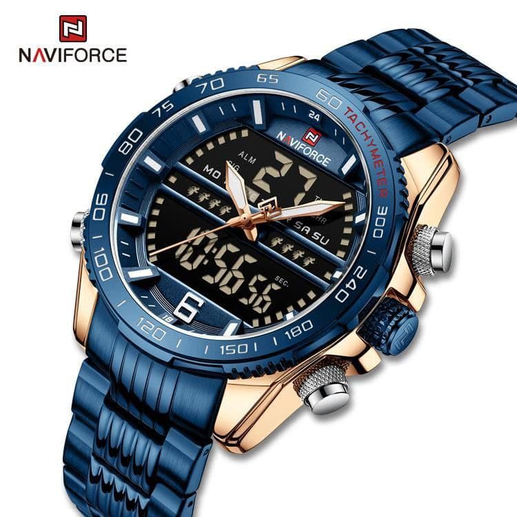 ساعت مردانه فلزی نیوی فورس Naviforce مدل 9195 موتور ژاپن جنس بند استیل با کیفیت ضدآب چراغ دار دو زمانه دارای روز شمار و تقویم ماهانه کد 1920769 — تصویر ۲