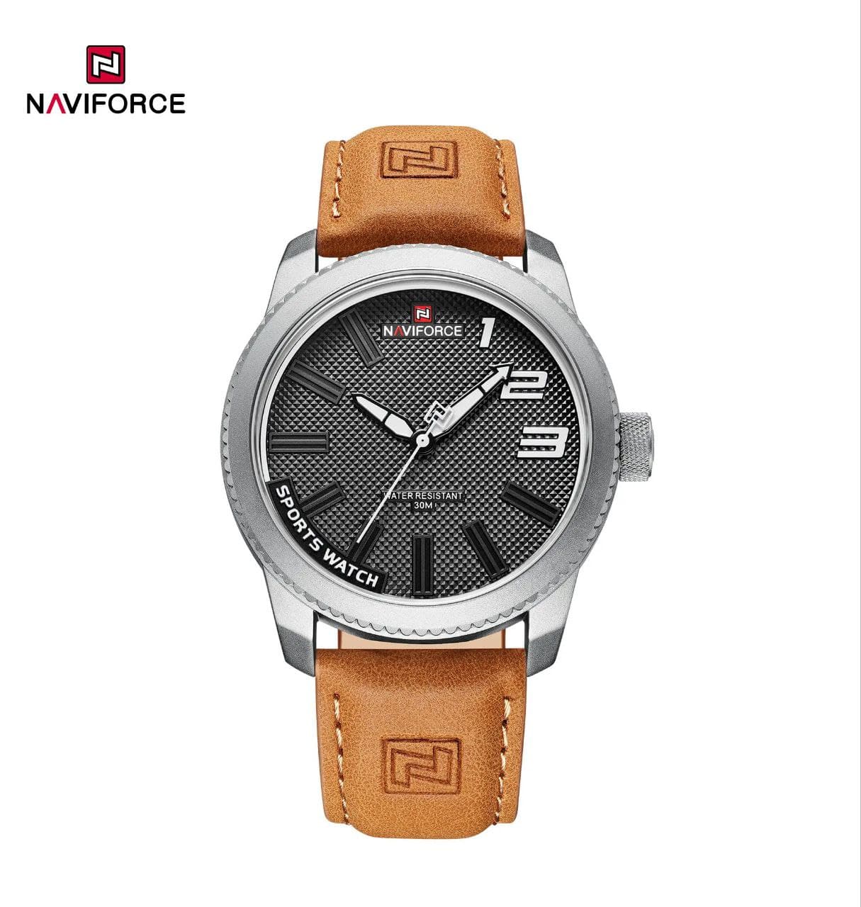 ساعت مردانه مارک نیوی فورس Naviforce مدل9202 موتور ژاپن بند چرمی با کیفیت حک مارک روی قفل رنگ ثابت همراه با جعبه و پاکت اصلی کد 1920663
