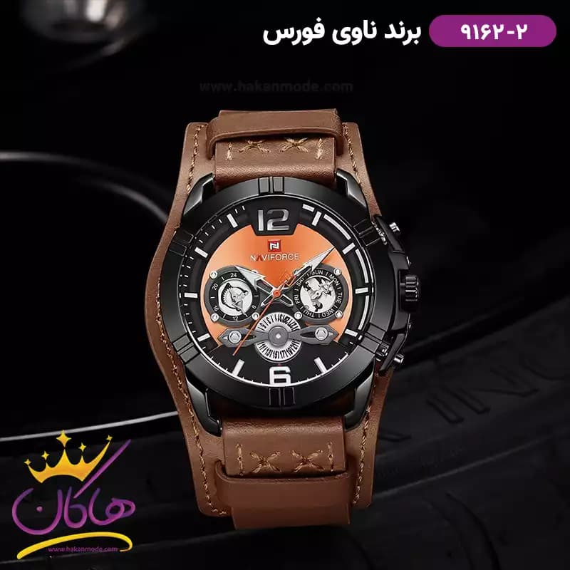 ساعت مچی مردانه نیوی فورس بند چرم قهوه ای قاب مشکی 9162/2 — تصویر ۳