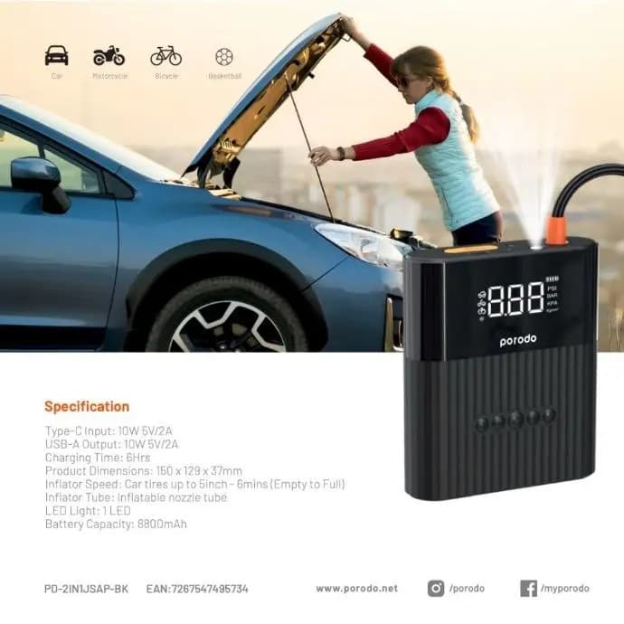 جامپ استارتر و پمپ باد پرودو مدل PORODO MULTIFUCTIONAL JUMP STARTER with AIR PUMP 8800mAh — تصویر ۸
