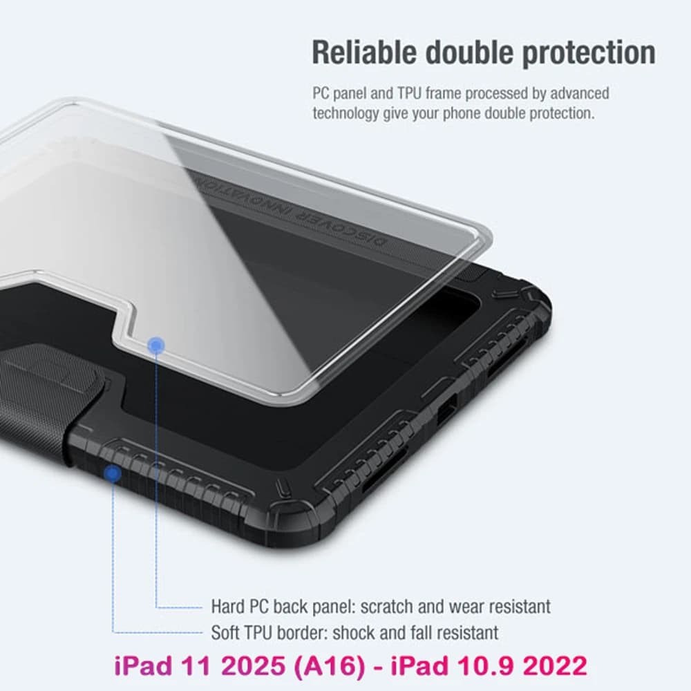کیف چرمی پشت شفاف ایربگ دار استند تاشو چند زاویه iPad 11 2025 ( A16 ) مارک نیلکین مدل Bumper Pro — تصویر ۴