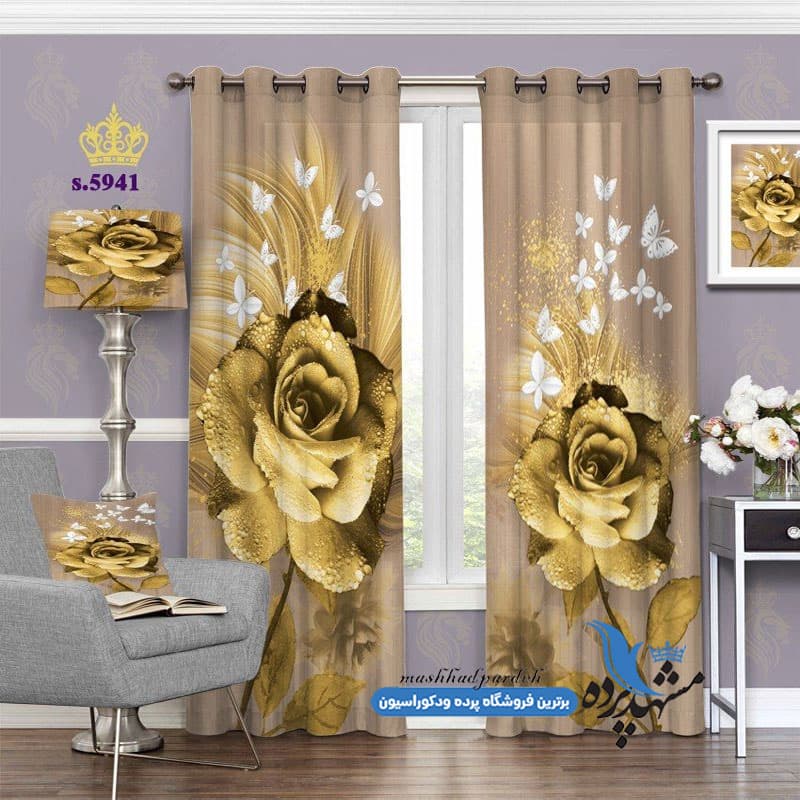 پرده پانچ گلدار طرح شاخه گل رُز و پروانه ها کد S5941