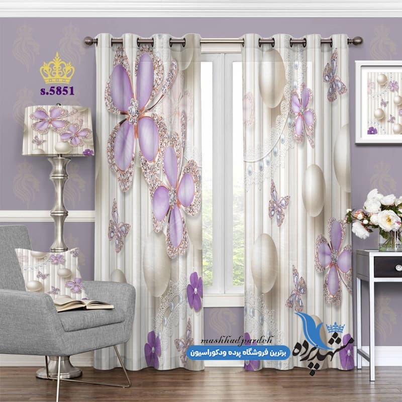 پرده پانچ گلدار طرح گل و مروارید کد S5851