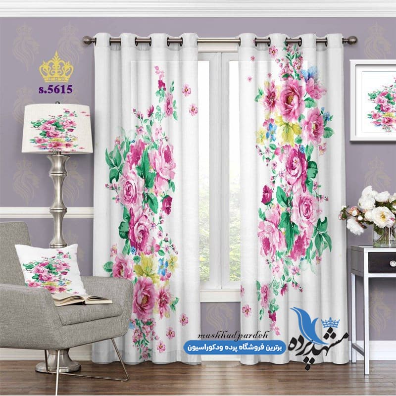 پرده پانچ گلدار طرح گل رُز آبرنگی کد S5615