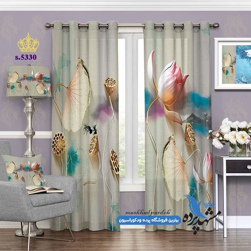 پرده پانچ گلدار طرح آبرنگی کد S5330