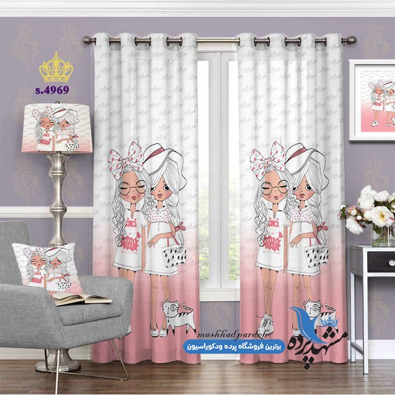 پرده پانچ دخترانه طرح دختر و گربه کد S4969