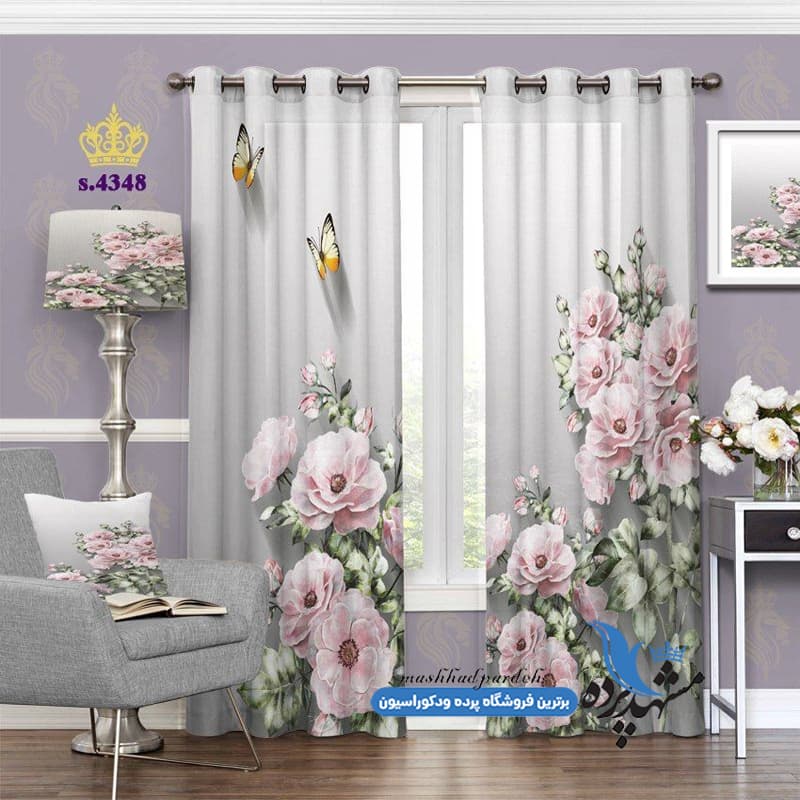 پرده پانچ گلدار طرح زیبای گل و پروانه کد S4348