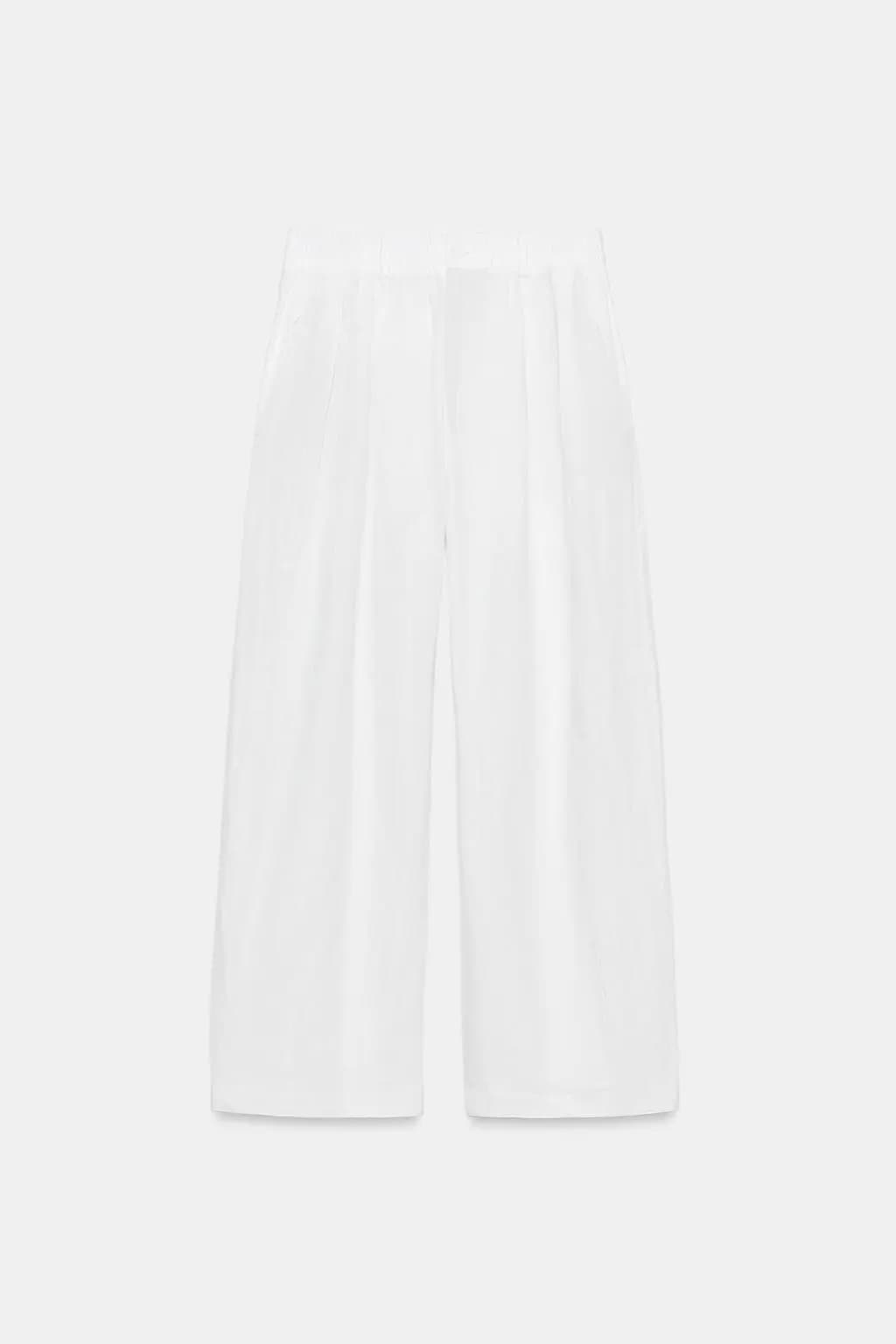 شلوار زنانه Zara کتان پلیسهدار ZW Collection سفید — تصویر ۴
