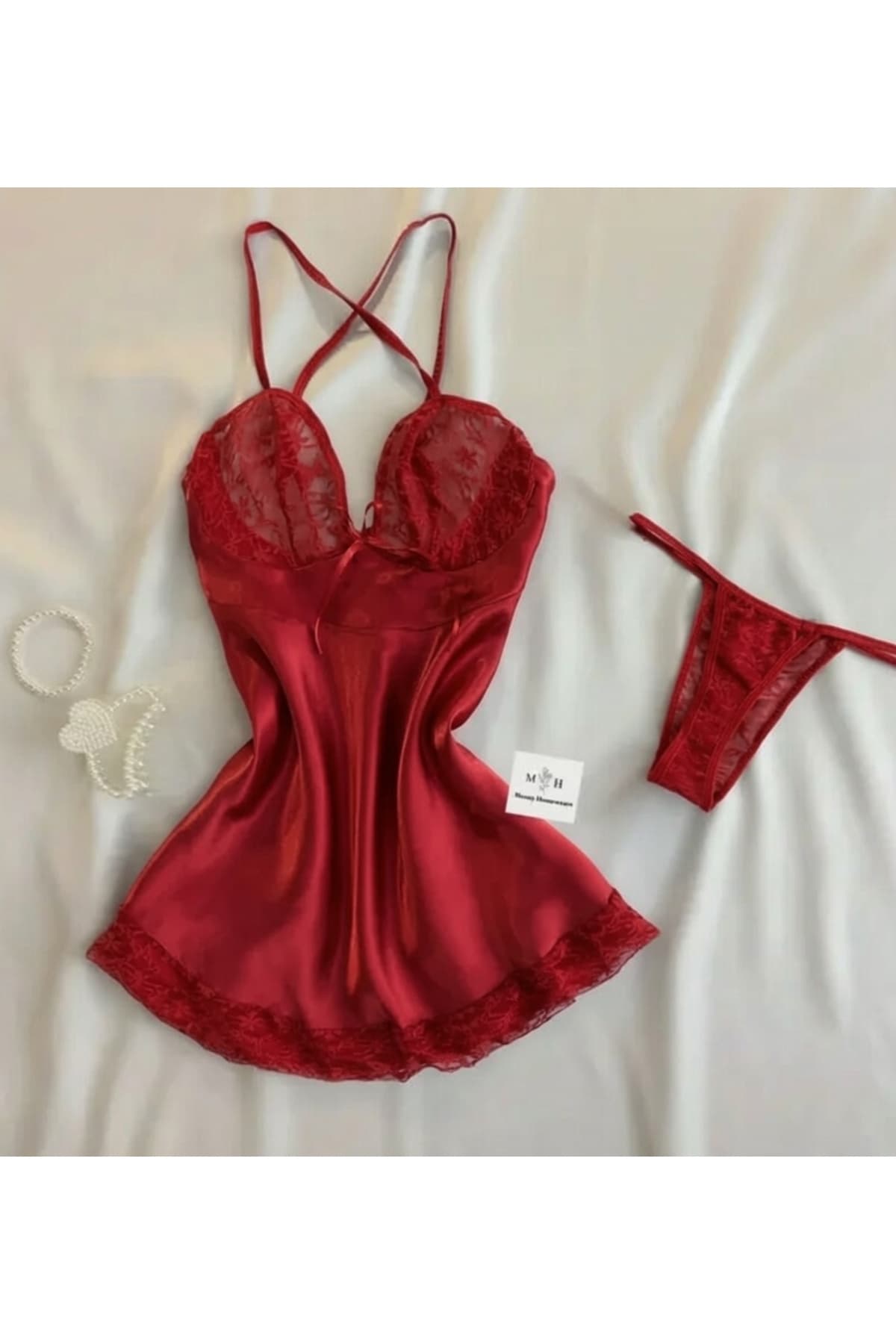 لباس خواب زنانه ساتن MH Moony Homewears قرمز