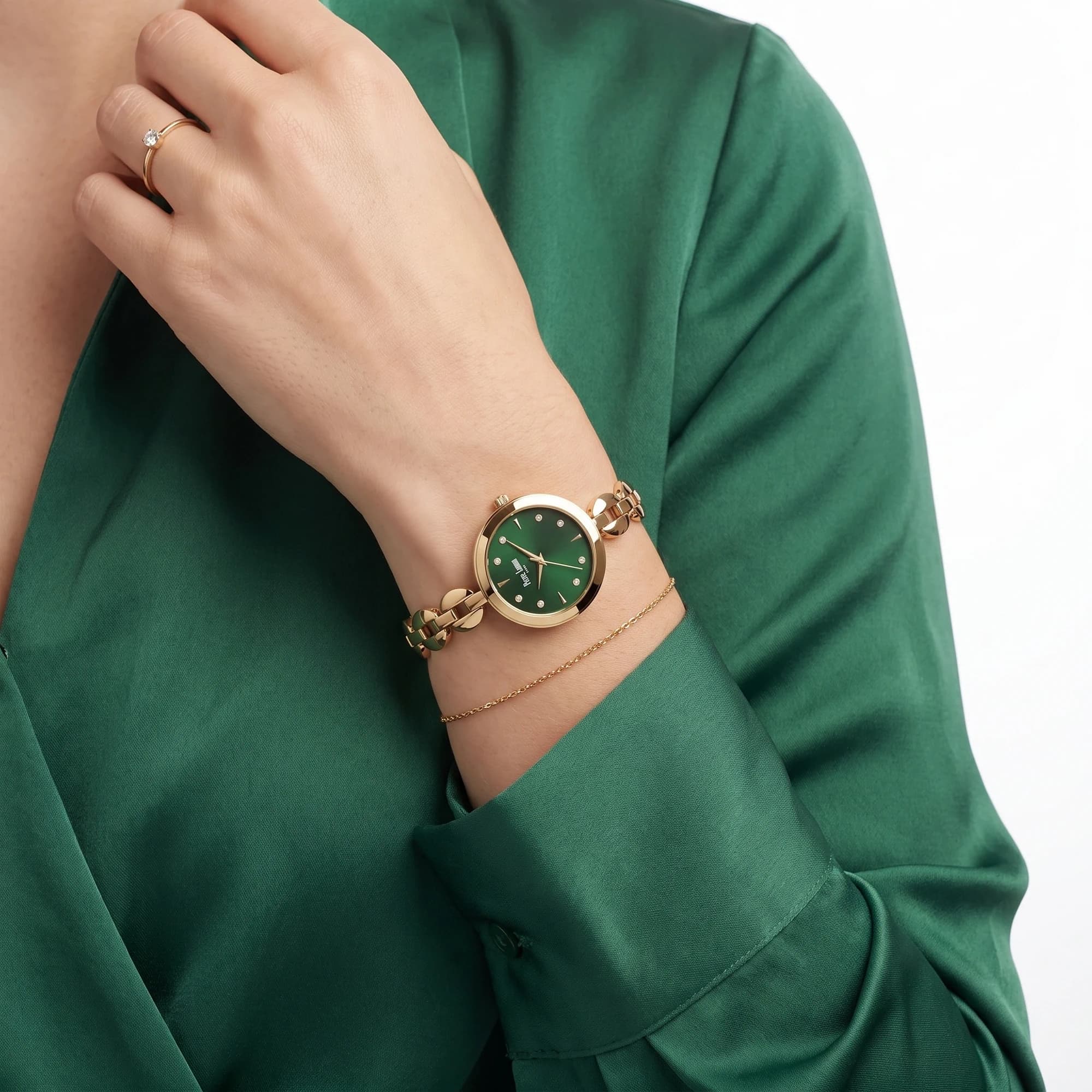 ساعت مچی زنانه پی‌یر لنون مدل PL-0161-11 صفحه سبز بند استیل طلایی — تصویر ۲