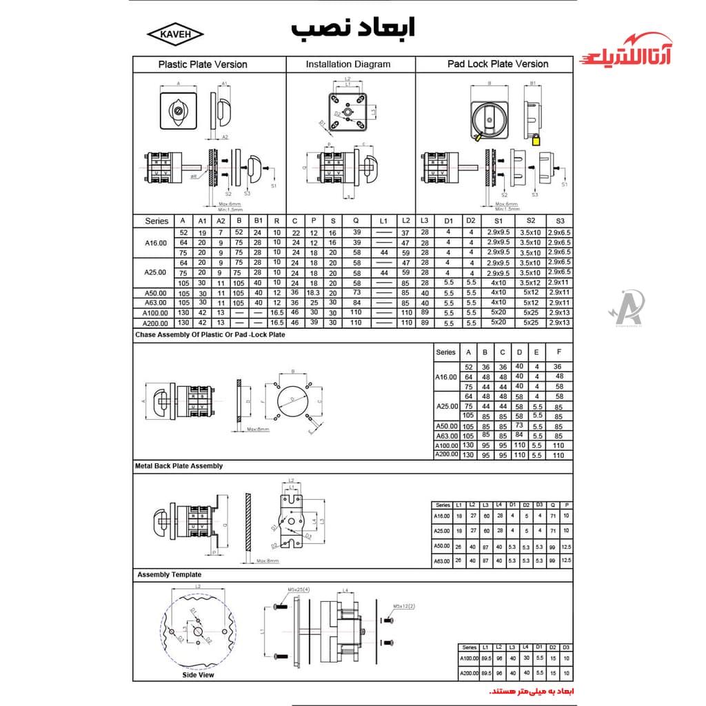 کلید گردان دو فاز یک طرفه 63 آمپر الکترو کاوه کد 6302 — تصویر ۳