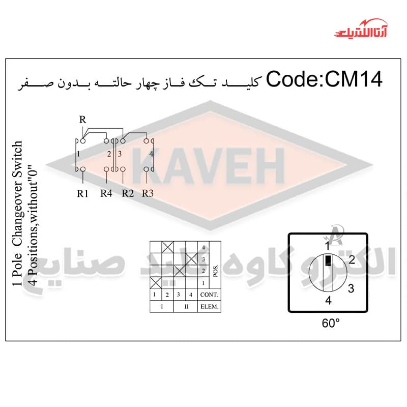 کلید سلکتوری 50 آمپر تکفاز چهار حالته بدون صفر الکترو کاوه کد CM14 — تصویر ۳