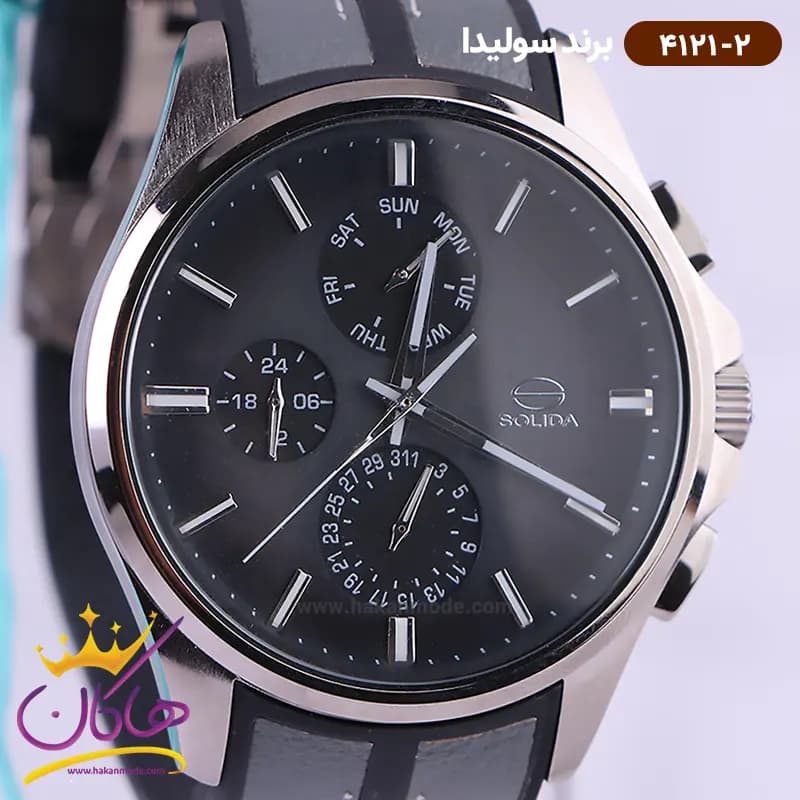 ساعت سولیدا مردانه بند رابر قاب نقره ای صفحه مشکی 4121/2 — تصویر ۲