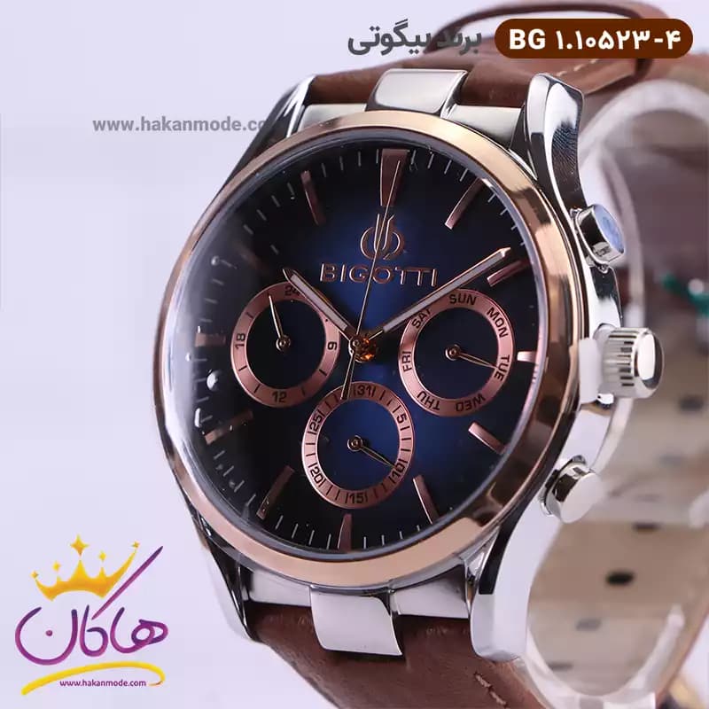 ساعت بیگوتی مردانه بند چرمی قهوه ای صفحه آبی کد BG.1.10523-4 — تصویر ۲