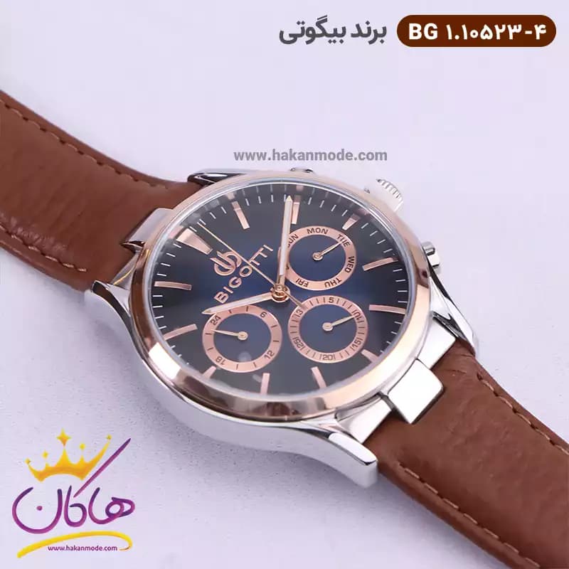 ساعت بیگوتی مردانه بند چرمی قهوه ای صفحه آبی کد BG.1.10523-4 — تصویر ۳