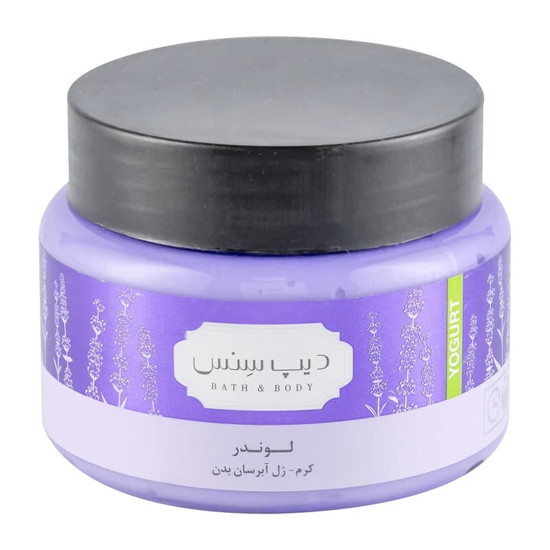 کرم ژل بدن دیپ سنس مدل لوندر حجم 250 میلی‌لیتر مناسب انواع پوست، حاوی کره کاکائو، روغن آملا و هیالورونیک اسید، آبرسان قوی، ضد خشکی، نرم‌کننده، جمع‌کننده منافذ و روشن‌کننده پوست — تصویر ۵