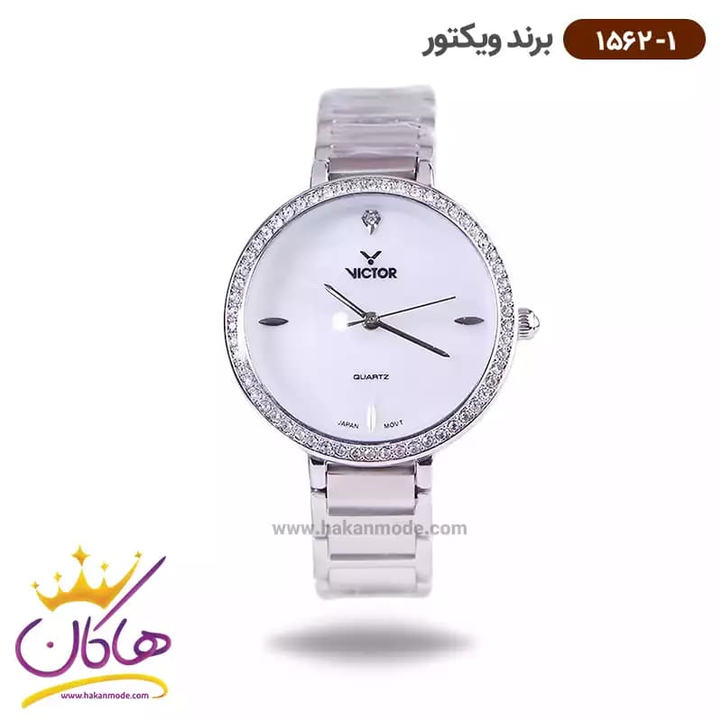 ساعت ویکتور زنانه فلزی تمام نقره ای قاب نگین 1562/1