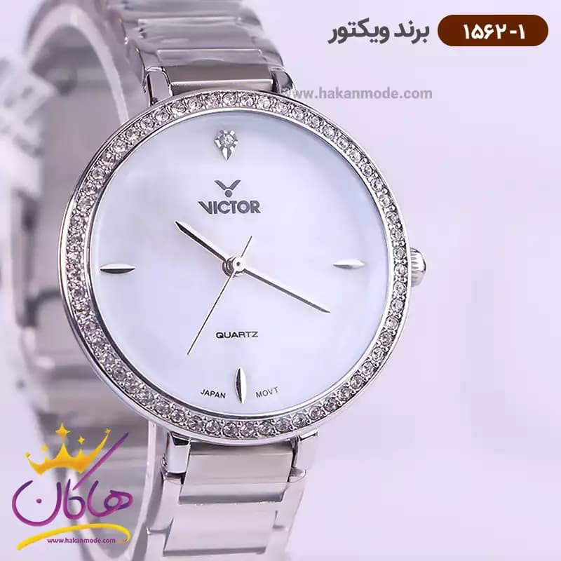 ساعت ویکتور زنانه فلزی تمام نقره ای قاب نگین 1562/1 — تصویر ۲
