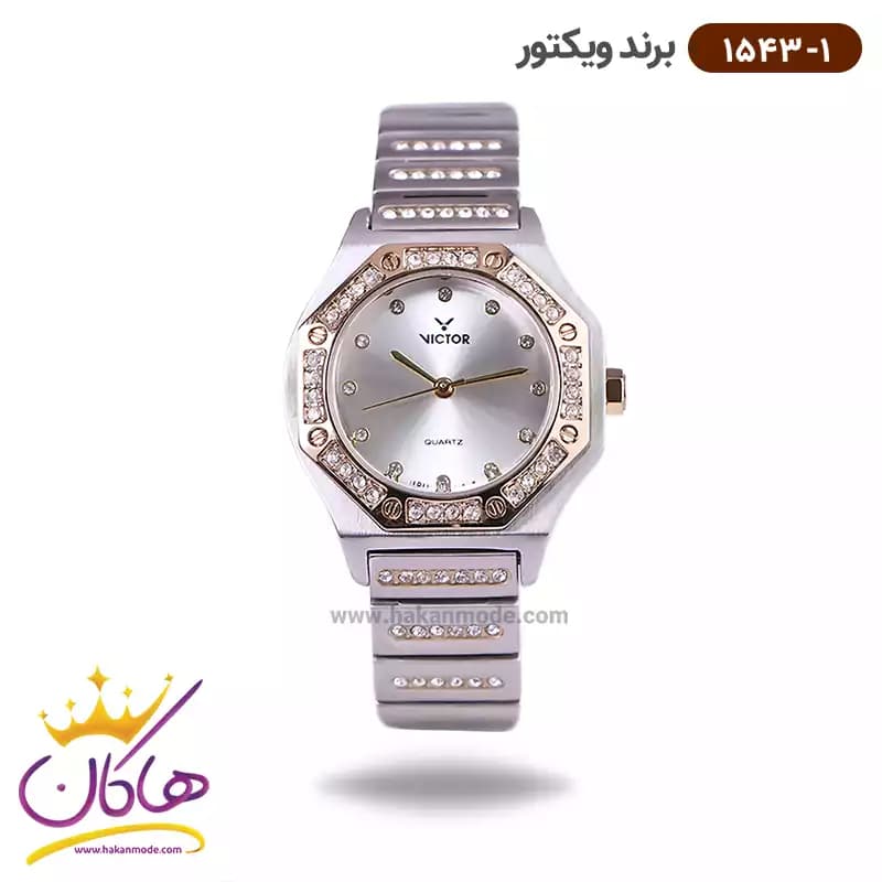 ساعت ویکتور زنانه فلزی نقره ای طلایی نگین دار 1543/1