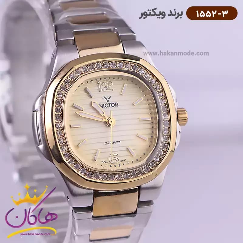 ساعت ویکتور زنانه فلزی قاب مربع طلایی نگین دار 1552/3 — تصویر ۲