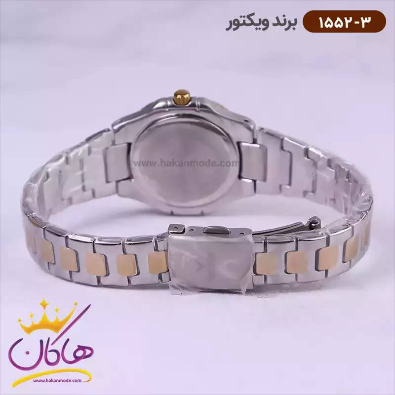 ساعت ویکتور زنانه فلزی قاب مربع طلایی نگین دار 1552/3 — تصویر ۳
