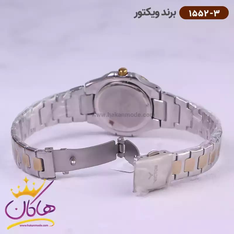 ساعت ویکتور زنانه فلزی قاب مربع طلایی نگین دار 1552/3 — تصویر ۴