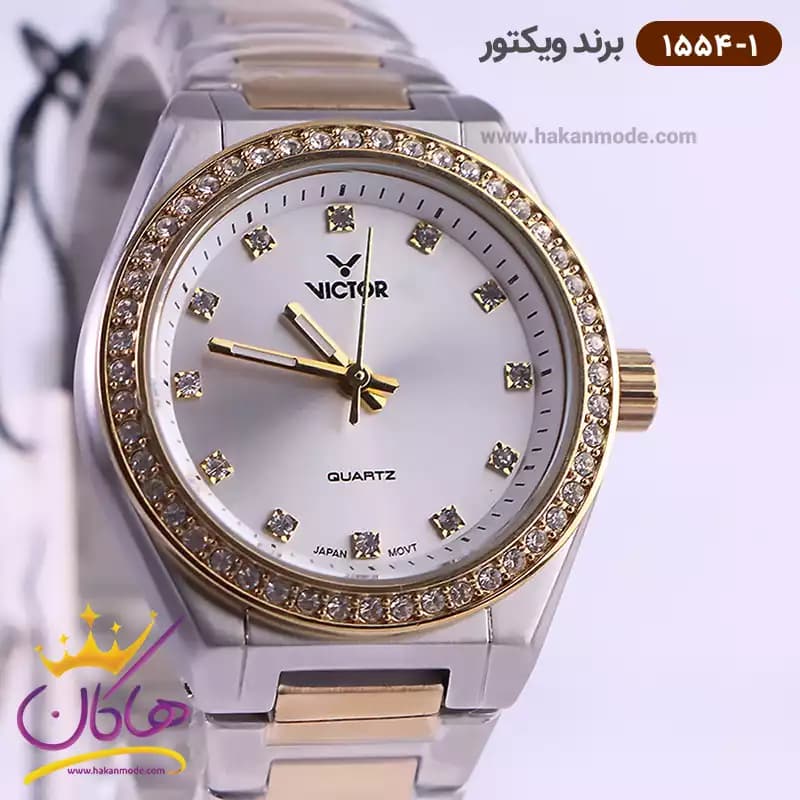 ساعت ویکتور زنانه فلزی قاب طلایی نگین دار 1554/1 — تصویر ۲