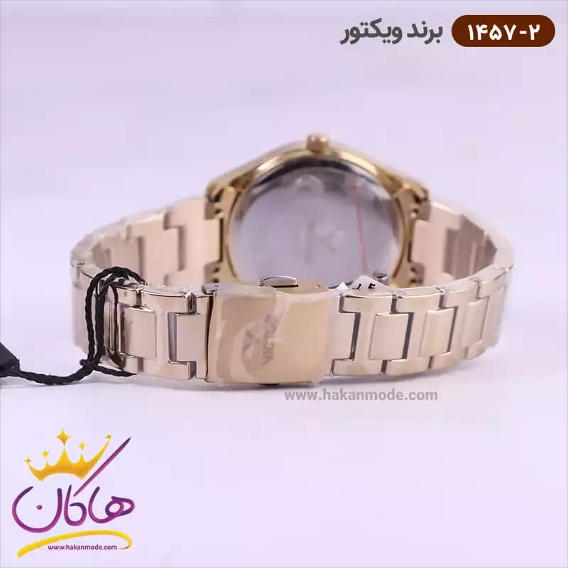 ساعت ویکتور زنانه فلزی طلایی قاب نیم نگین 1457/2 — تصویر ۴