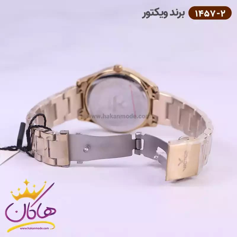 ساعت ویکتور زنانه فلزی طلایی قاب نیم نگین 1457/2 — تصویر ۳