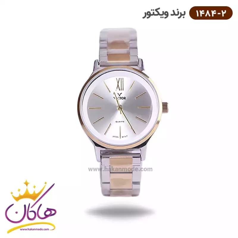 ساعت ویکتور زنانه فلزی نقره ای طلایی صفحه گرد 1484/2