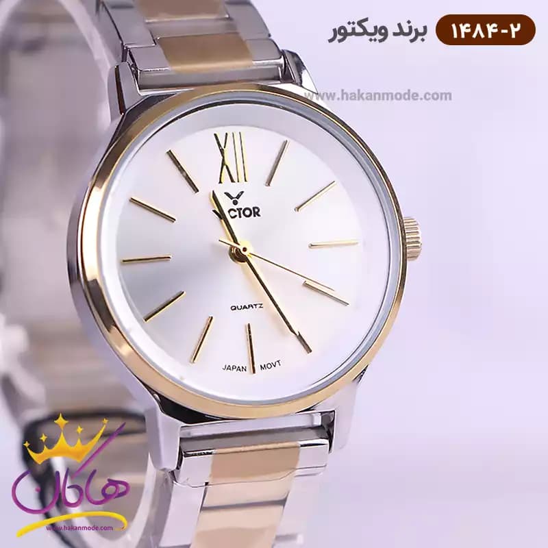 ساعت ویکتور زنانه فلزی نقره ای طلایی صفحه گرد 1484/2 — تصویر ۲