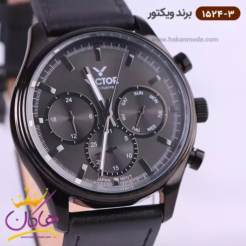 ساعت ویکتور مردانه بند چرم مشکی سه موتوره 1524/3 — تصویر ۲