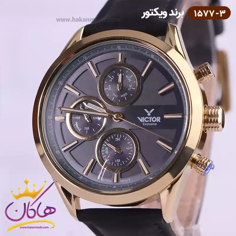 ساعت ویکتور مردانه بند جیر مشکی سه موتوره 1577/3 — تصویر ۲