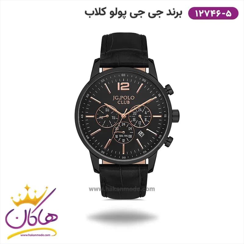 ساعت جی جی پولو مردانه بند چرمی مشکی کد 12746/5 دو زمانه